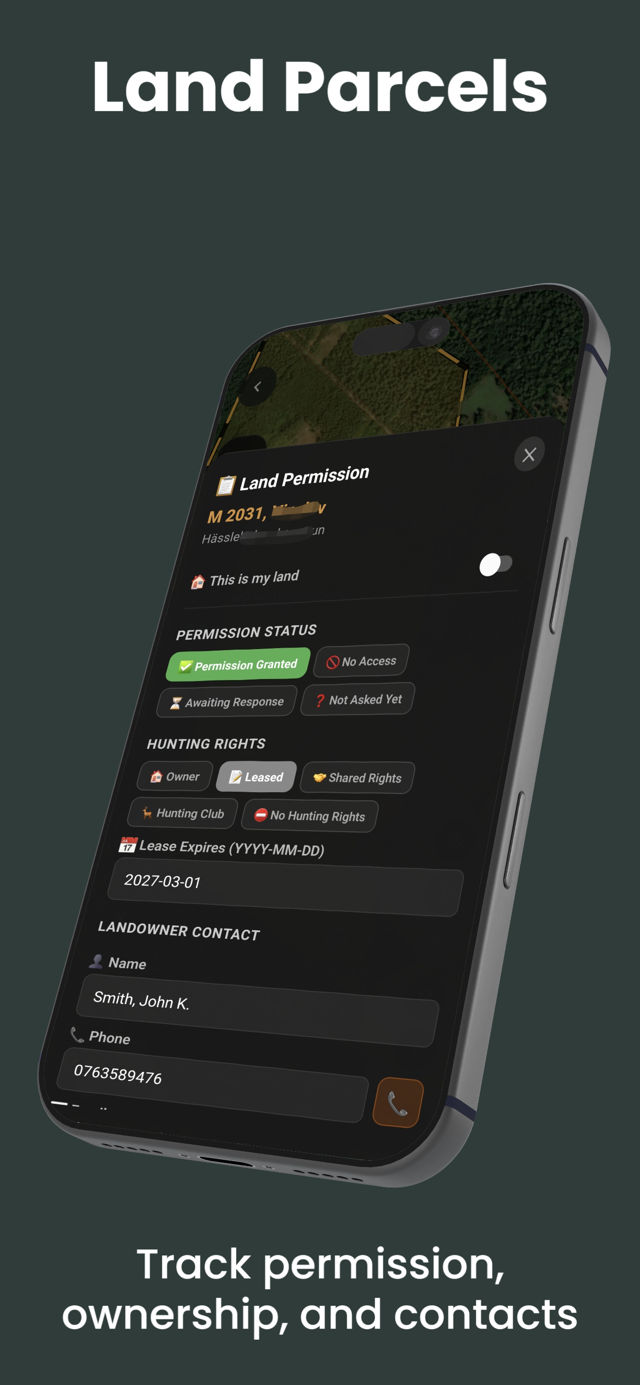 ProHunt Land Parcels screen showing parcel boundaries and ownership information on the hunting map