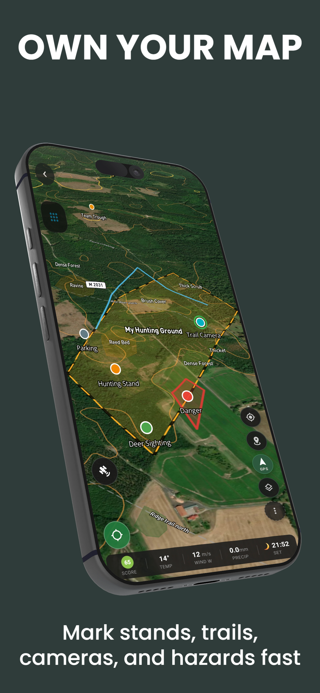 ProHunt interactive map showing GPS position, waypoints, and hunting-ground boundary overlay