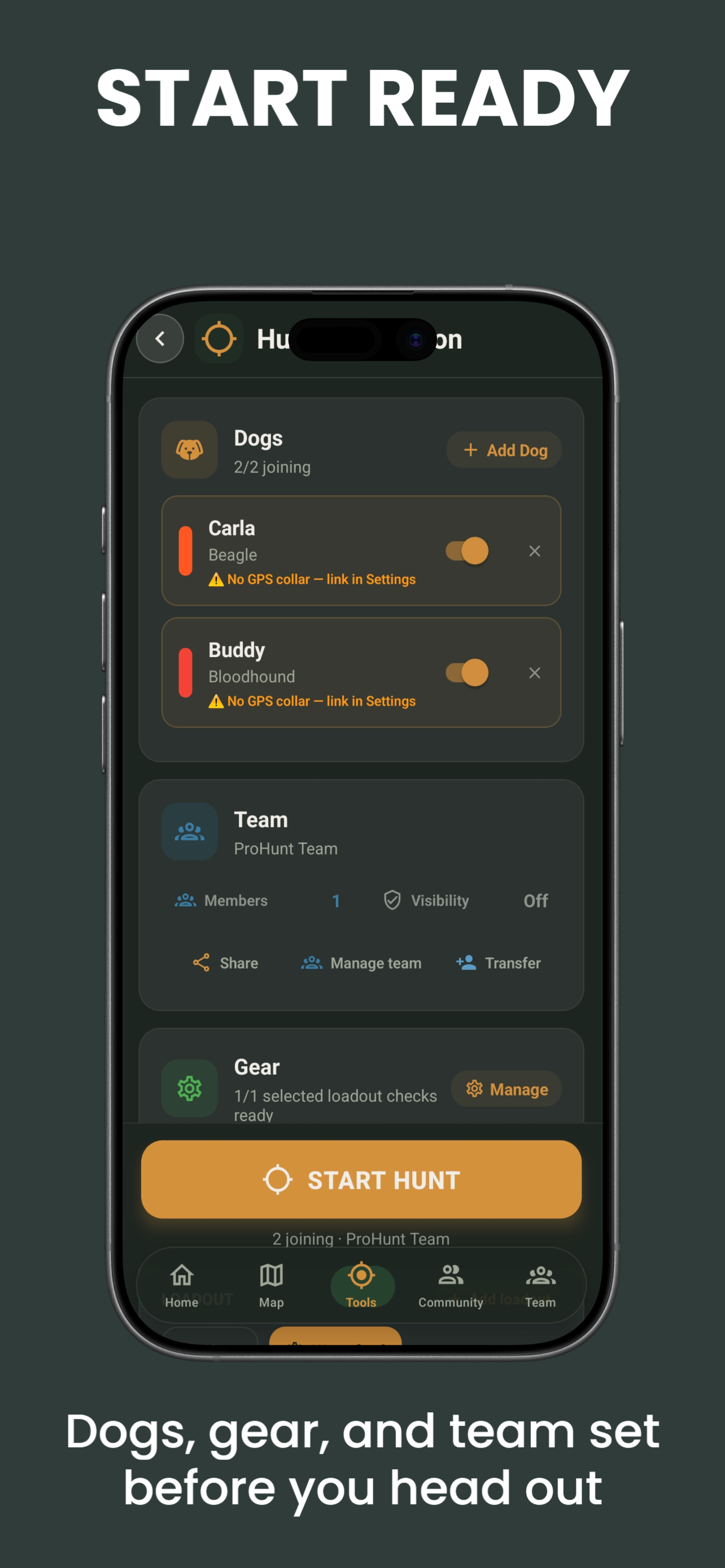 ProHunt hunt session setup screen with dog loadout, team check, and gear verification