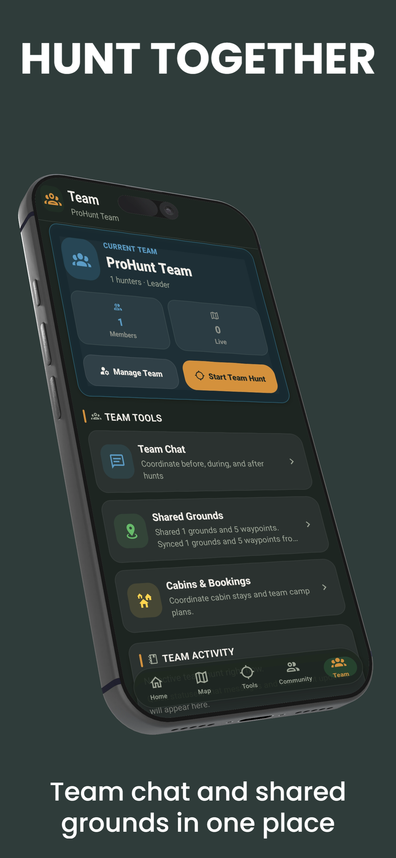 ProHunt Team screen with team chat, shared hunting grounds, and cabin booking